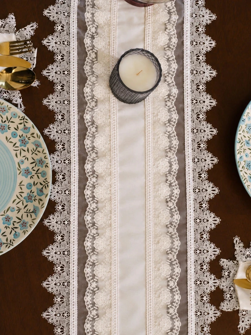 The Amélie Lace Table Runner by Uahan — layered ivory lace runner, overhead view