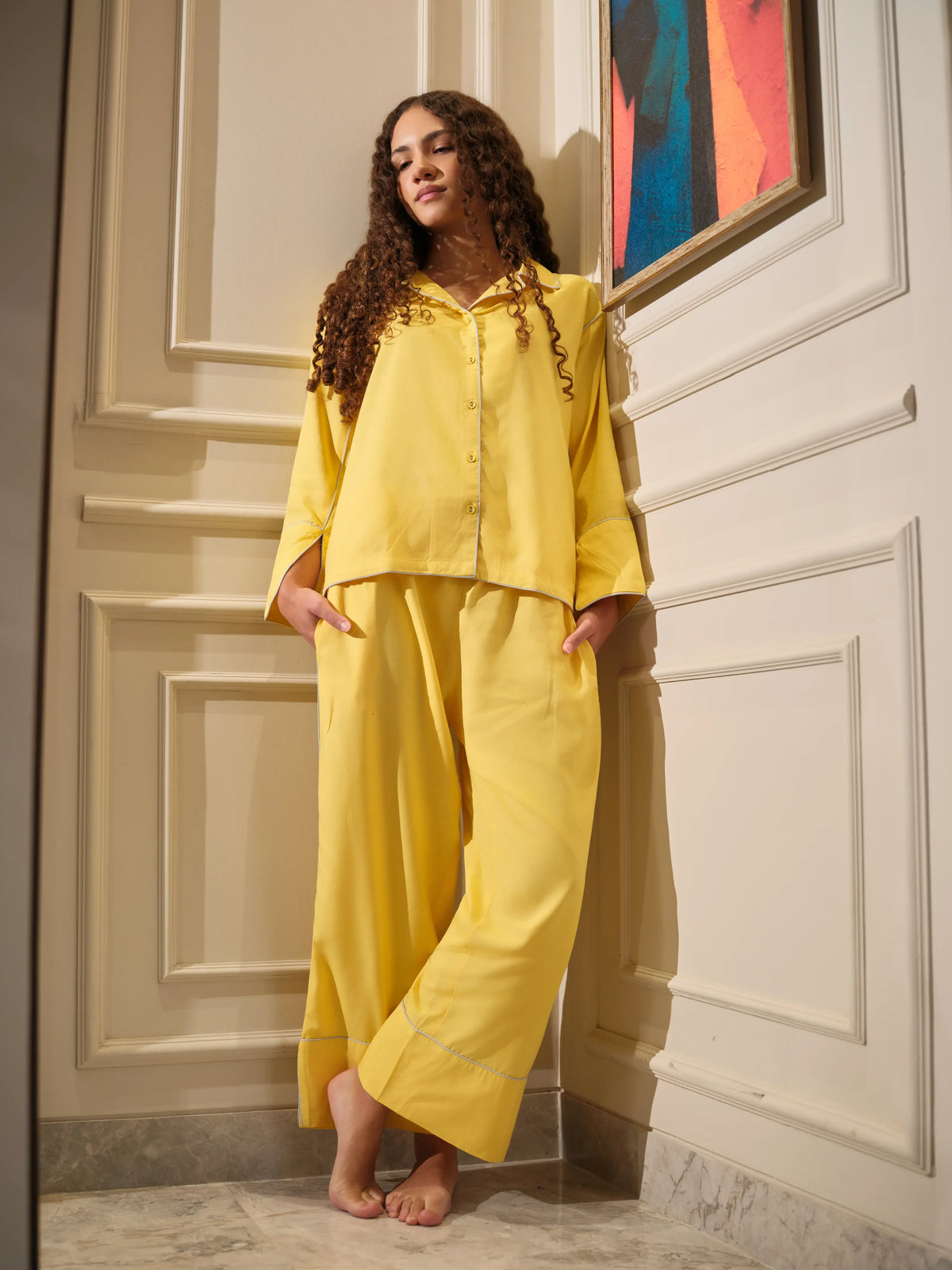 The Soleil Set by Uahan — yellow cotton night suit with contrast piping, full length
