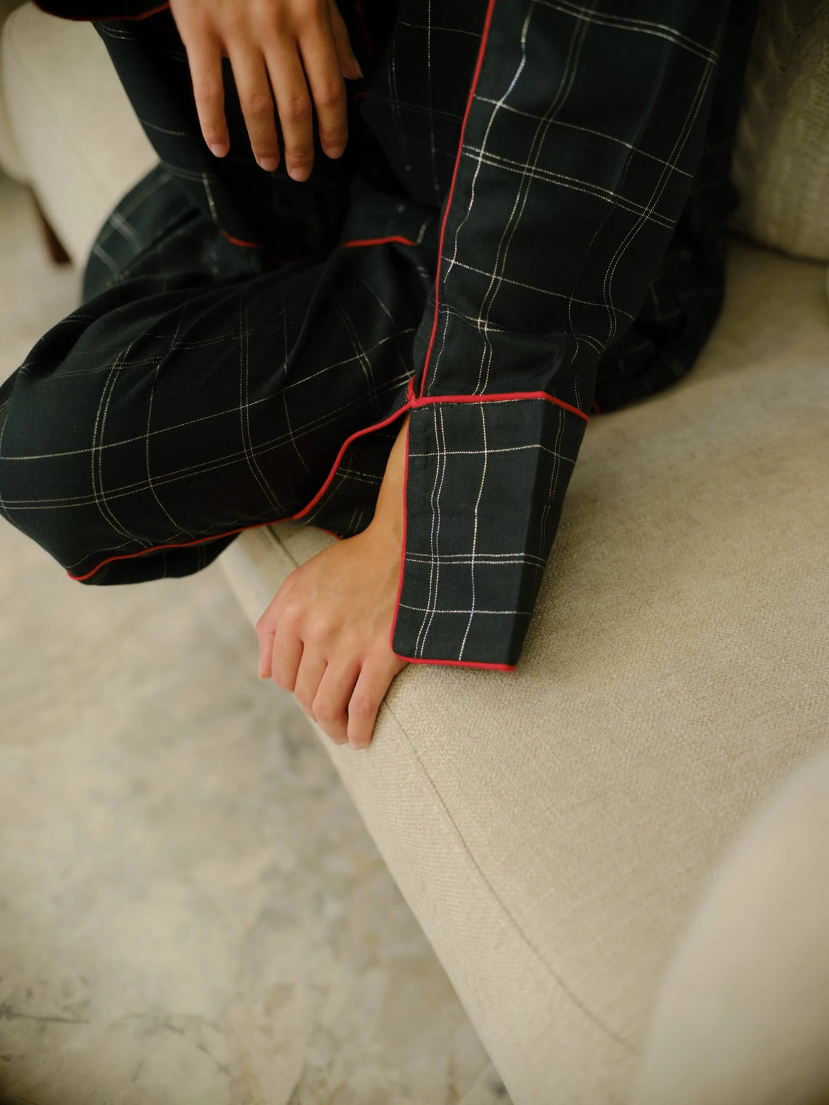 The Sorbonne Set by Uahan — metallic check weave and red-piped split cuff